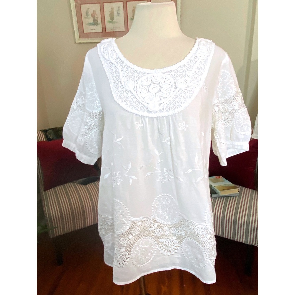 Lauren Michelle White Cotton Crochet Lace‎ Embroidered Boho Blouse Top Medium